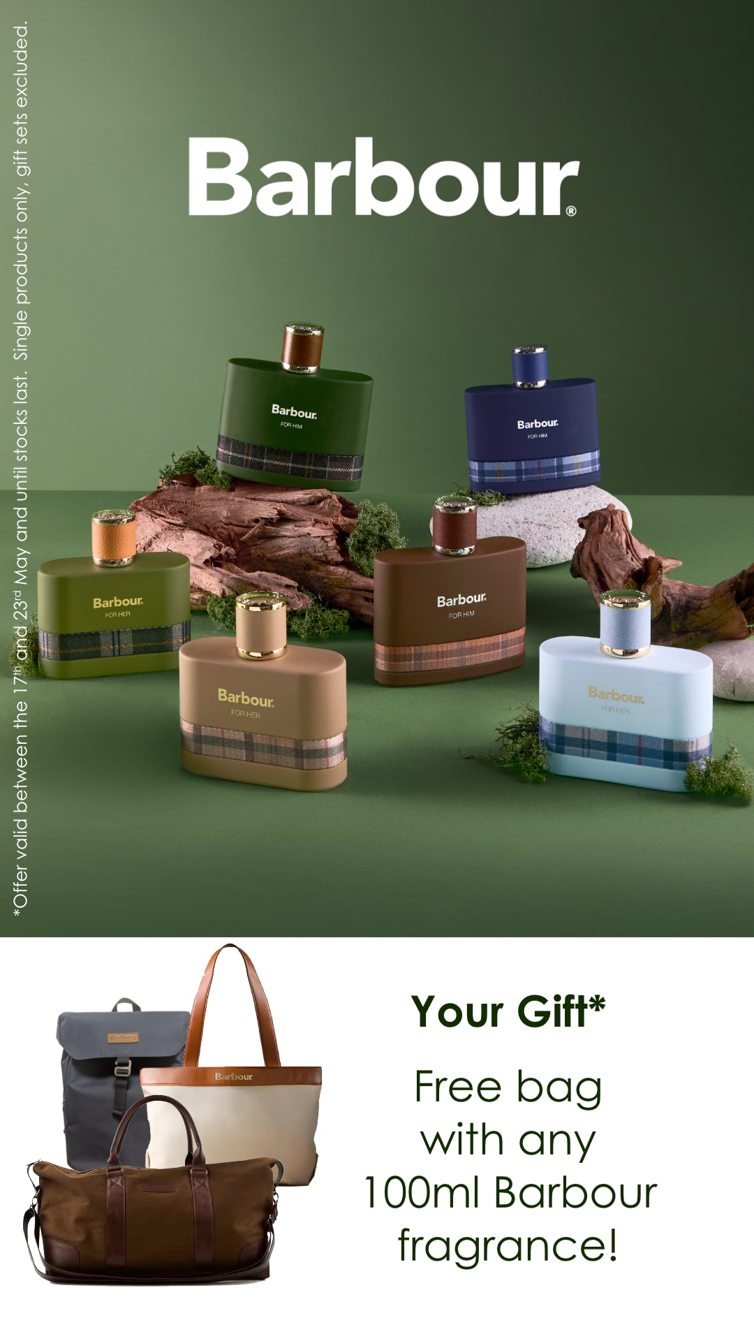 Barbour fragrances with free bag offer on green background - Franks Malta